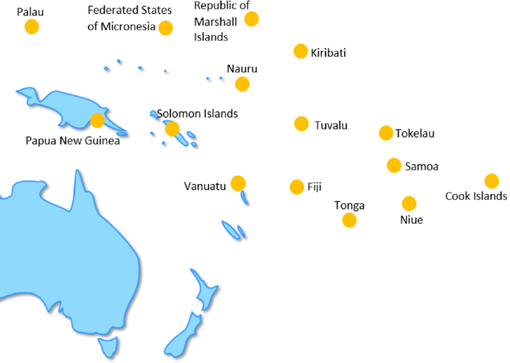 Palau, Federated States of Micronesia, Republic of Marshall Islands, Papua New Guinea, Solomon Island, Tuvalu, Tokelau, Samoa, Vanuatu, Fiji, Tonga, Niue, Cook Island