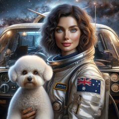 Person in a space suit holding a white fluffy dog in front of a spacecraft, with stars and a galaxy visible in the background.
