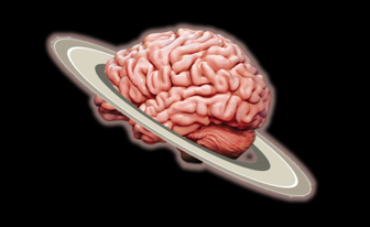 Brain shaped planet with a ring in outer space.