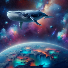 Whale floating in outer space above a colourful planet, surrounded by stars, nebulae and distant celestial bodies.