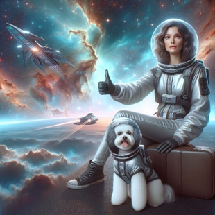 Person in a space suit sitting beside a small dog wearing a matching space suit, giving a thumbs-up gesture while holding a suitcase, with a spacecraft and colourful cosmic clouds in the background.