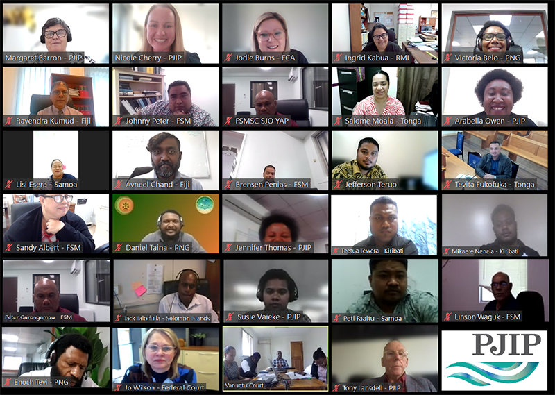 Participants at the live delivery of the PJIP Court Officers' Fraud and Corruption Online Course, July & August 2023